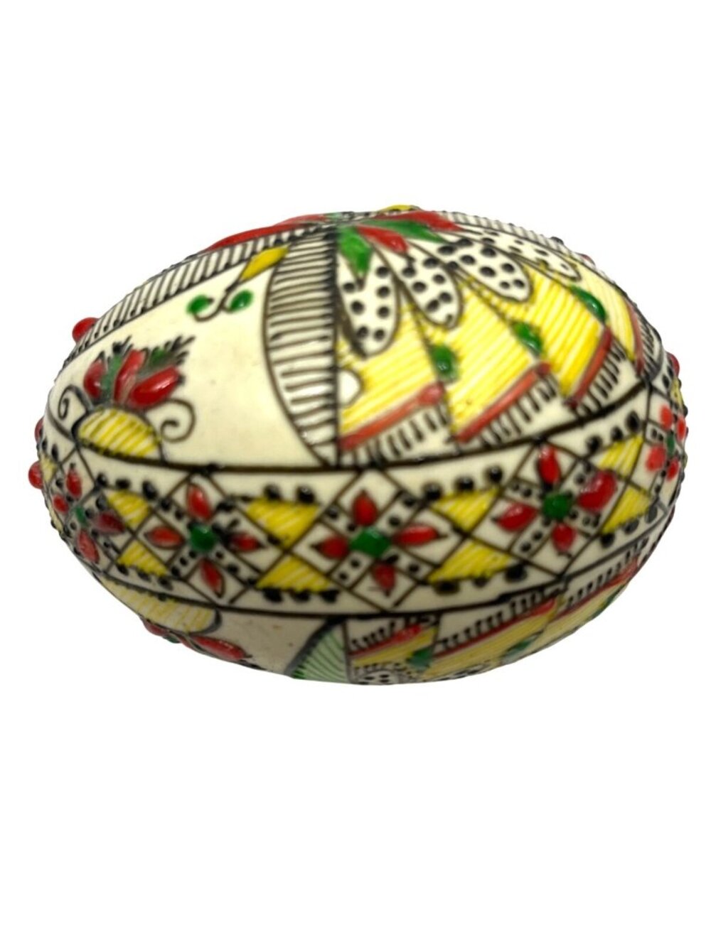 Hand-Painted Ceramic Egg With Intricate Red Yellow & Green Floral Design 2 Inche - Picture 3 of 4